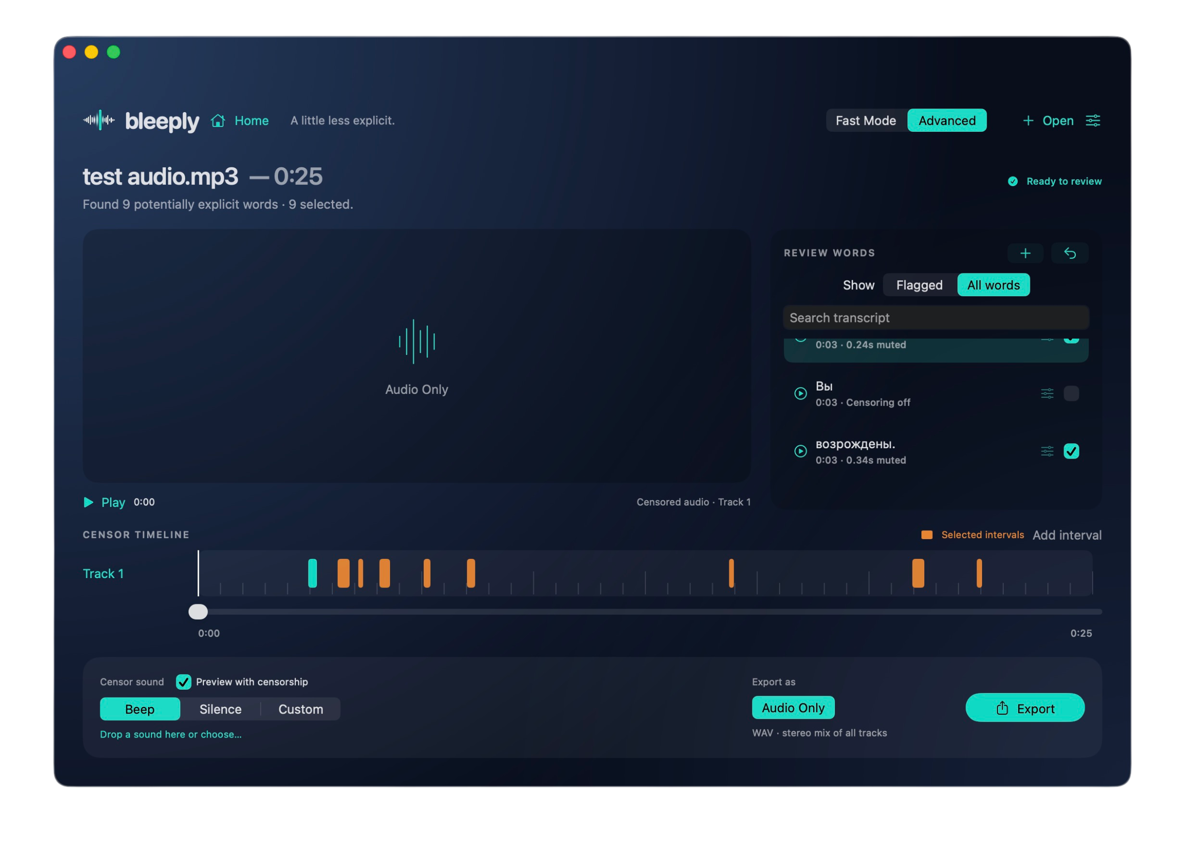 Bleeply audio editor with its logo, detected words, a censorship timeline, and beep, silence, or custom sound options