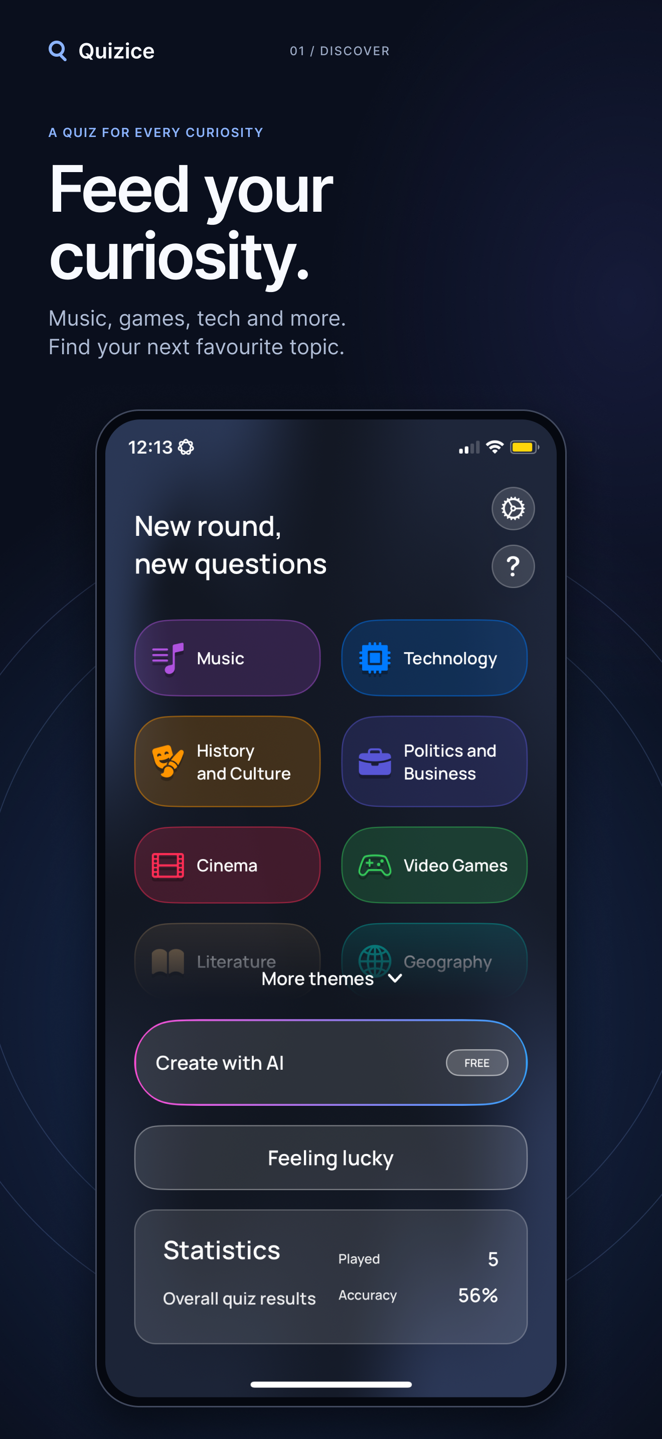 Quizice: discover quizzes across music, technology, history, cinema, and video games